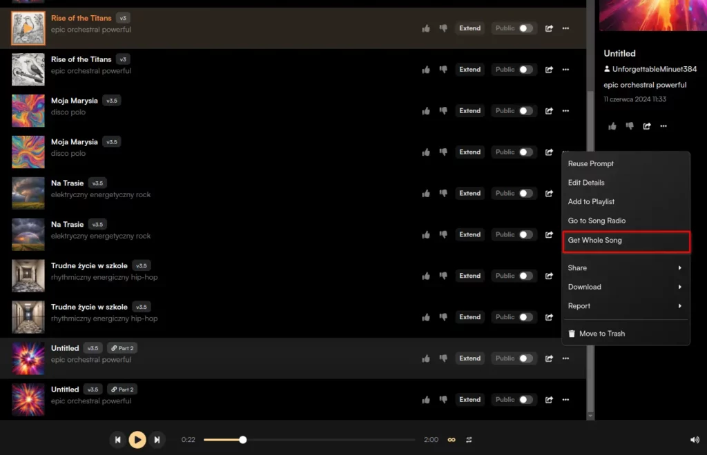 Suno AI PL - pobierz cały utwór, Dłuższe utwory muzyczne w Suno AI, Opcja Extend